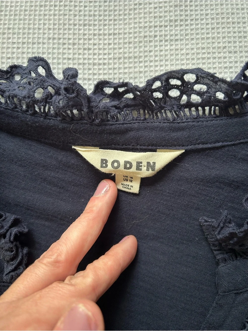 Boden Navy Lace-Trim V-Neck Long Sleeve Top